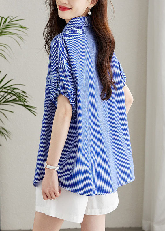 Fine Blue Peter Pan Collar Striped Button Patchwork Cotton Shirt Summer