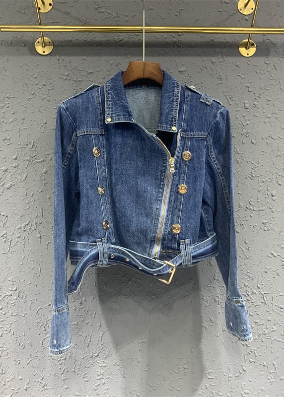 Fine Blue Peter Pan Collar Zip Up Patchwork Denim Jackets Fall