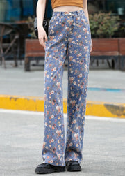 Fine Blue Print Button Straight Pants Spring