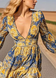 Fine Blue Print Low High Design Maxi Dresses Spring