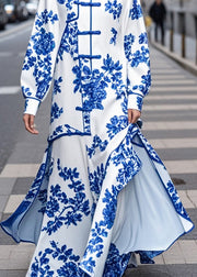 Fine Blue Print Mandarin Collar Side Open Chiffon Long Dress Spring