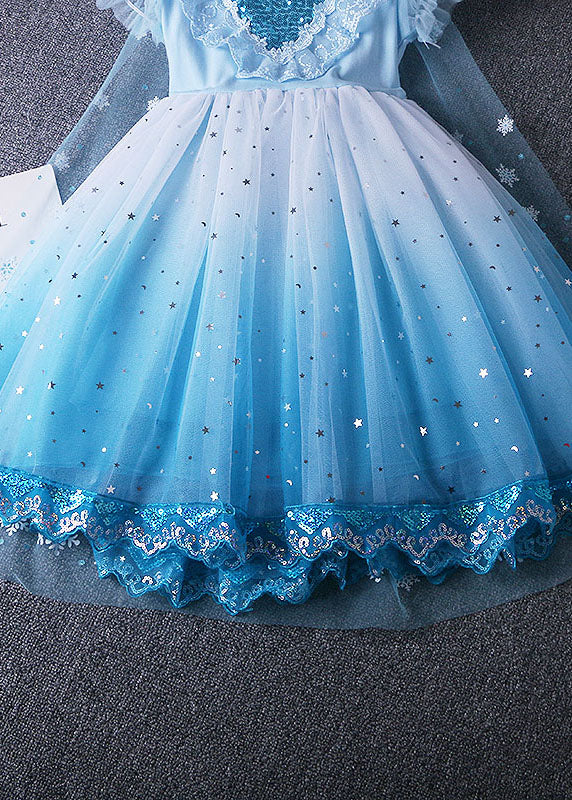 Fine Blue Ruffled Sequins Lace Patchwork Tulle Baby Girls Princess Dress Summer