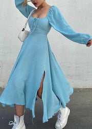 Fine Blue Square Collar Side Open Long Dress Fall