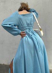 Fine Blue Square Collar Side Open Long Dress Fall