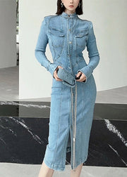 Fine Blue Stand Collar Patchwork Button Denim Long Dress Spring