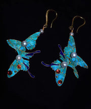 Fine Blue Sterling Silver Overgild Pearl Crystal Butterfly Drop Earrings