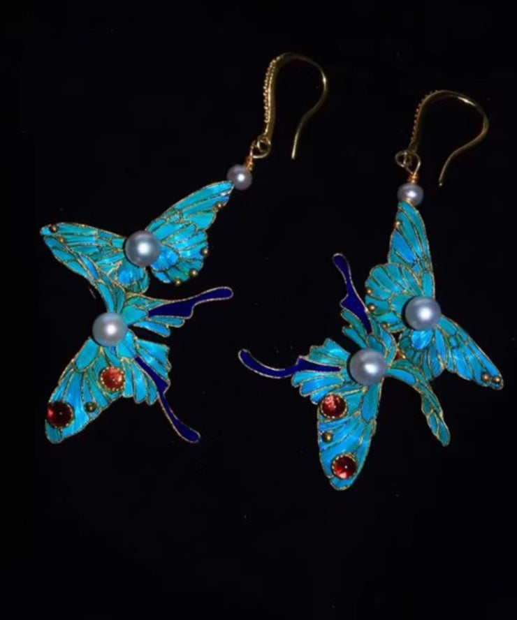Fine Blue Sterling Silver Overgild Pearl Crystal Butterfly Drop Earrings