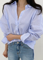 Fine Blue Striped Button Wear On Both Sides Shirt Long Sleeve