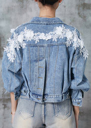Fine Blue Tasseled Patchwork Lace Flower Denim Short Coats Spring