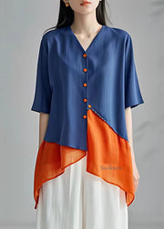 Fine Blue V Neck Asymmetrical Patchwork Button Chiffon Top Short Sleeve