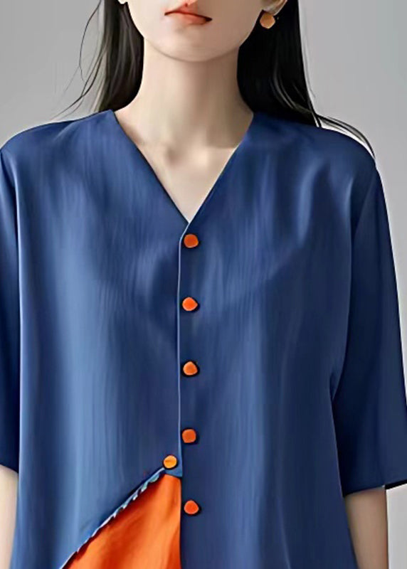 Fine Blue V Neck Asymmetrical Patchwork Button Chiffon Top Short Sleeve