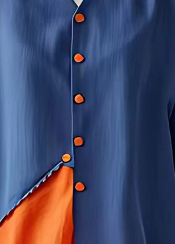 Fine Blue V Neck Asymmetrical Patchwork Button Chiffon Top Short Sleeve