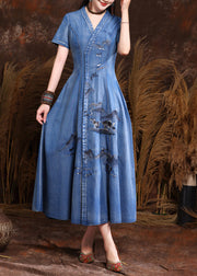 Fine Blue V Neck Embroidered Patchwork Vacation Maxi Denim Dresses Summer