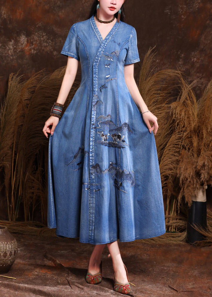 Fine Blue V Neck Embroidered Patchwork Vacation Maxi Denim Dresses Summer