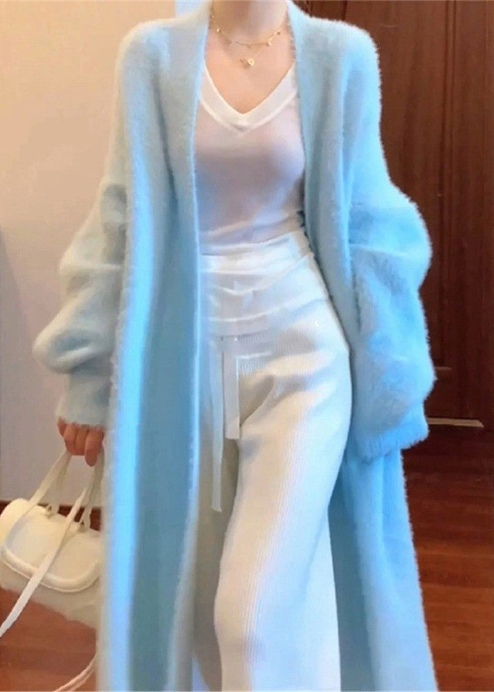 Fine Blue V Neck Mink Hair Knitted Cardigan Spring