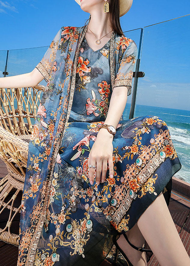 Fine Blue V Neck Print 2022 Silk Fake Two Piece Vacation Dresses Short Sleeve