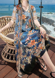 Fine Blue V Neck Print 2022 Silk Fake Two Piece Vacation Dresses Short Sleeve