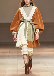 Fine Brown Asymmetrical Patchwork Corduroy Tea Dress Spring