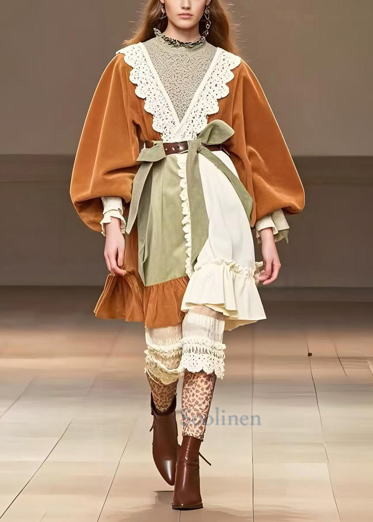 Fine Brown Asymmetrical Patchwork Corduroy Tea Dress Spring