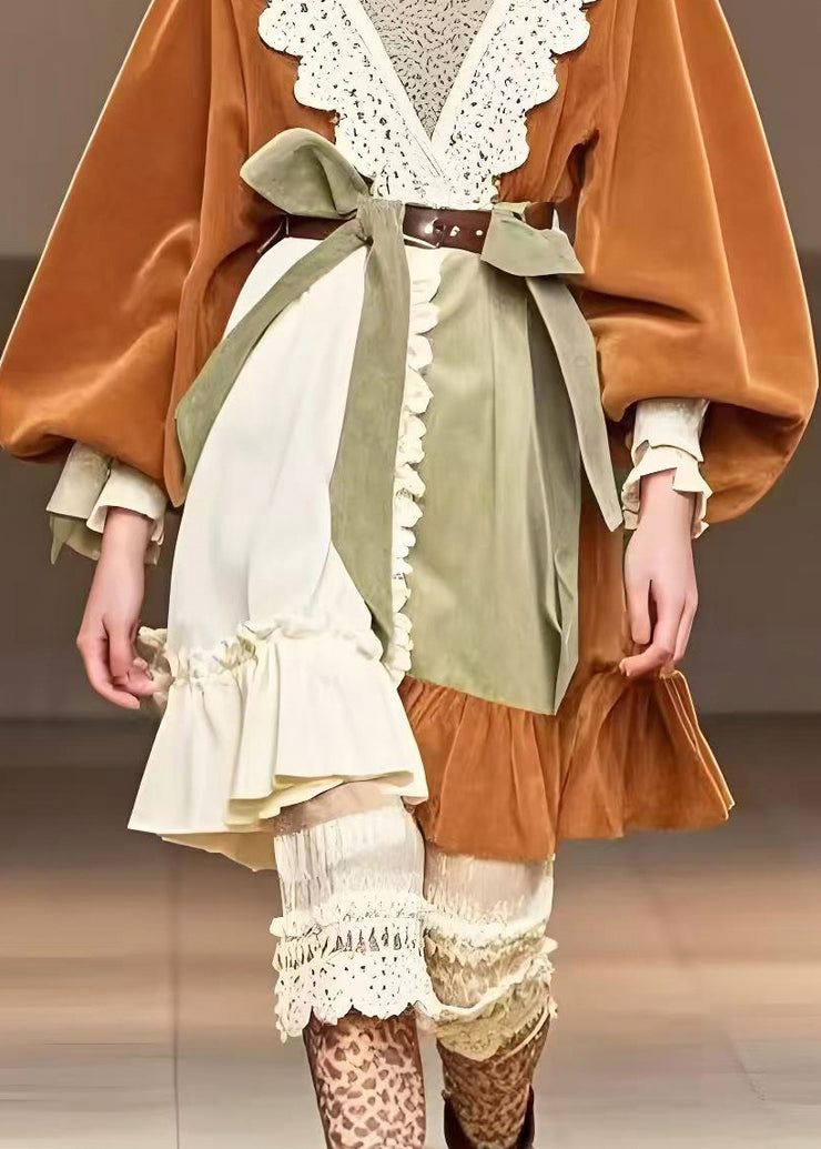 Fine Brown Asymmetrical Patchwork Corduroy Tea Dress Spring