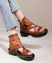 Fine Brown Cowhide Leather Buckle Strap Platform Peep Toe Sandals