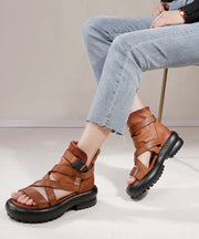 Fine Brown Cowhide Leather Buckle Strap Platform Peep Toe Sandals