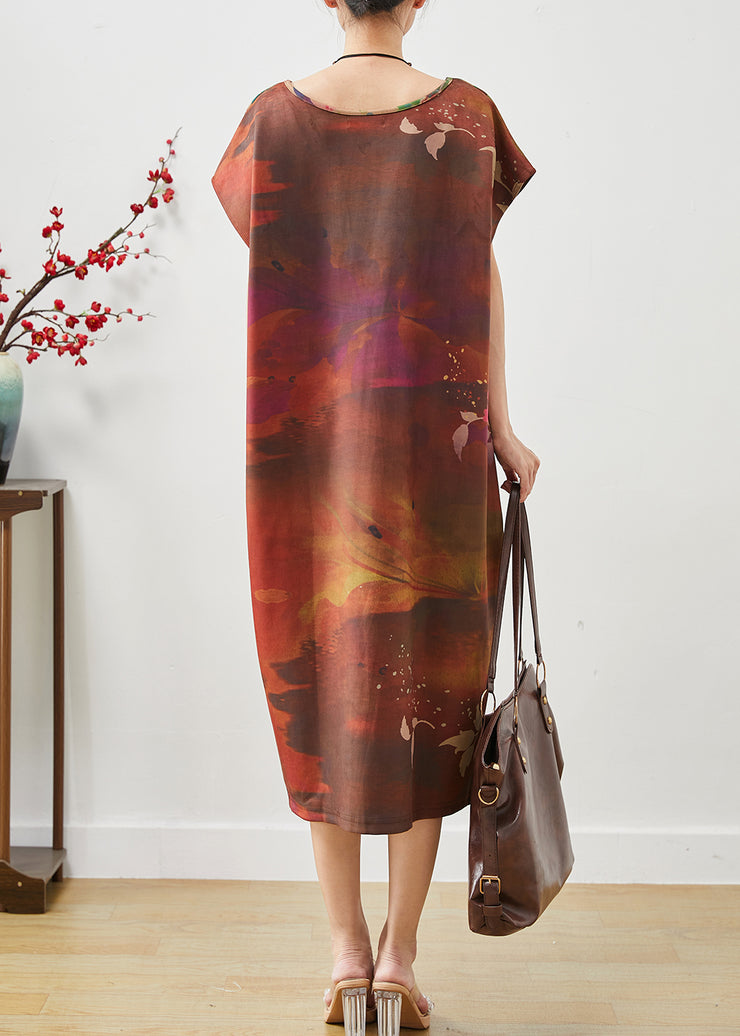 Fine Brown Oversized Patchwork Print Silk Dress Summer