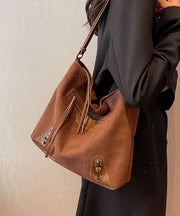 Fine Brown Rivet Patchwork Zip Up Faux Leather Satchel Handbag