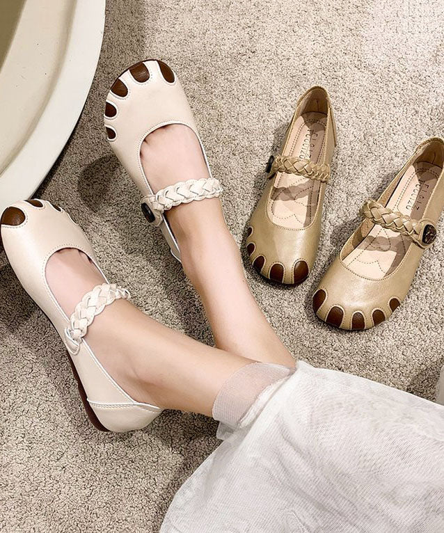 Fine Buckle Strap Flat Shoes For Women Beige Cowhide Leather