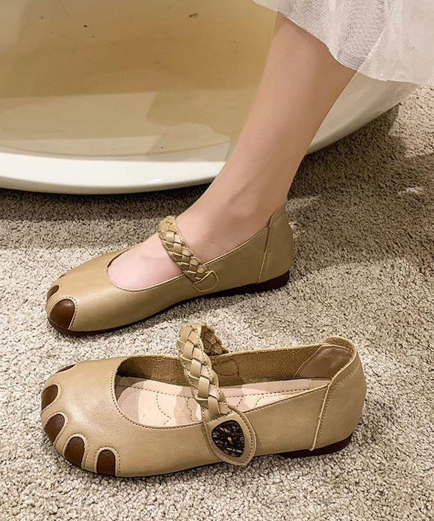 Fine Buckle Strap Flat Shoes For Women Beige Cowhide Leather