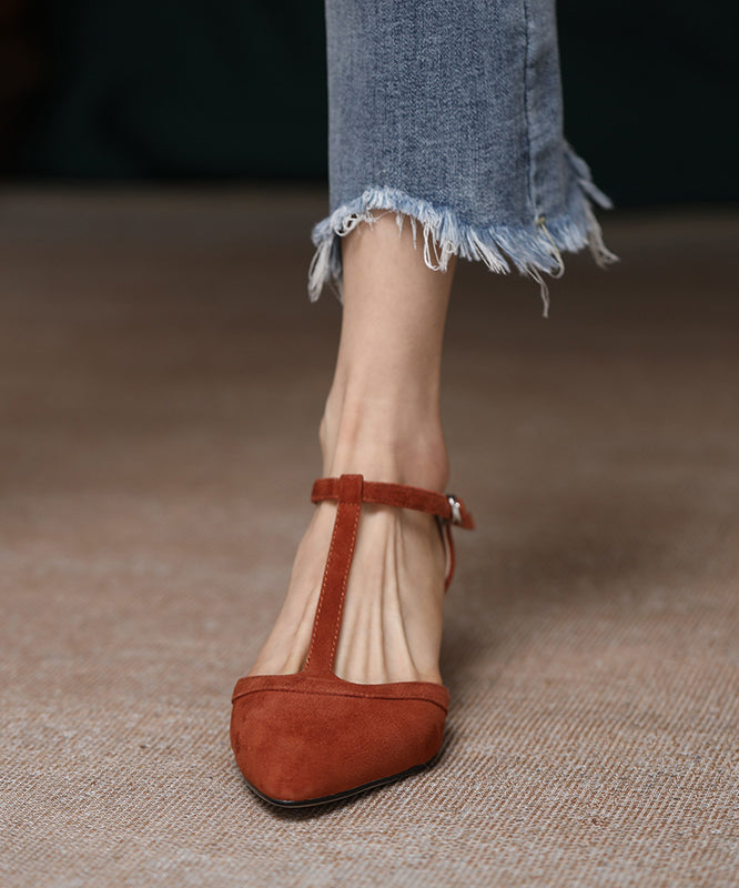 Fine Buckle Strap Splicing High Heel Red Suede Pointed Toe