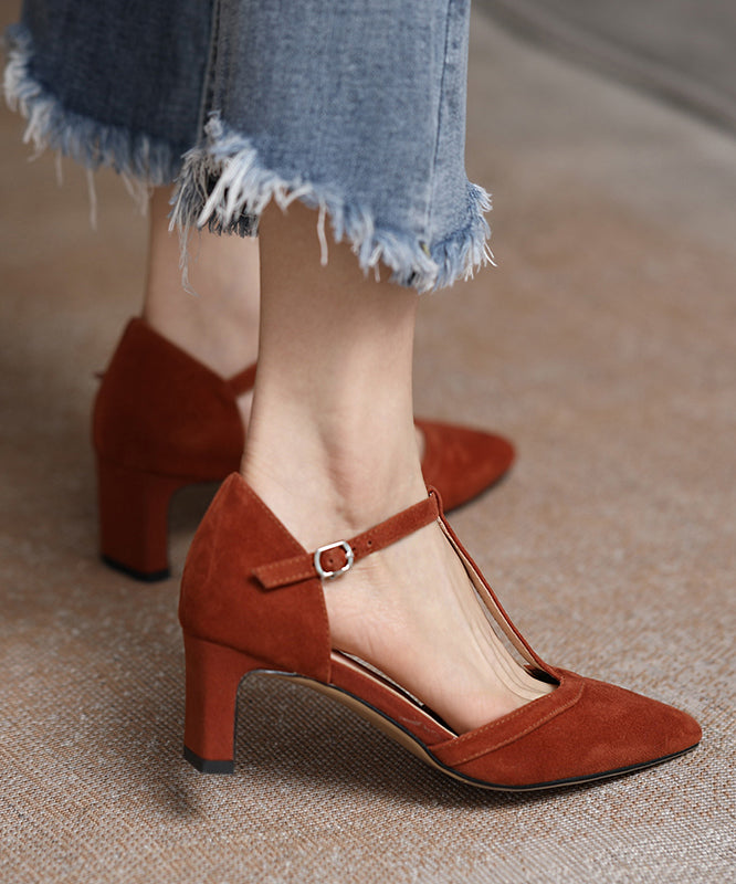 Fine Buckle Strap Splicing High Heel Red Suede Pointed Toe