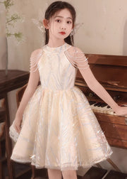 Fine Champagne O-Neck Nail Bead Tassel Tulle Girls Long Dresses Summer