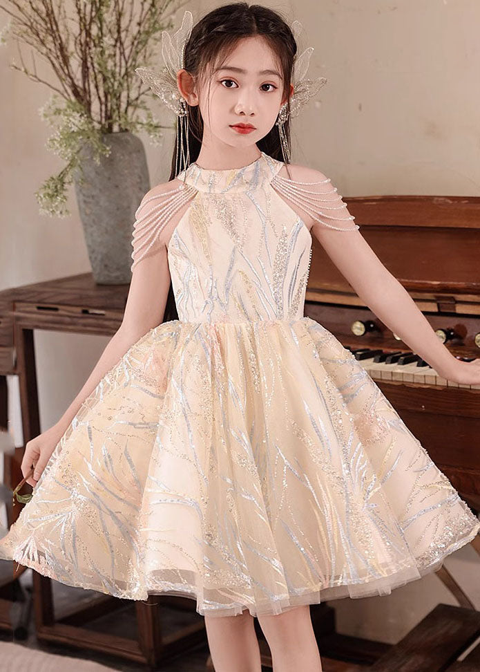 Fine Champagne O-Neck Nail Bead Tassel Tulle Girls Long Dresses Summer