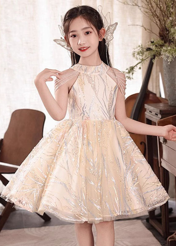 Fine Champagne O-Neck Nail Bead Tassel Tulle Girls Long Dresses Summer