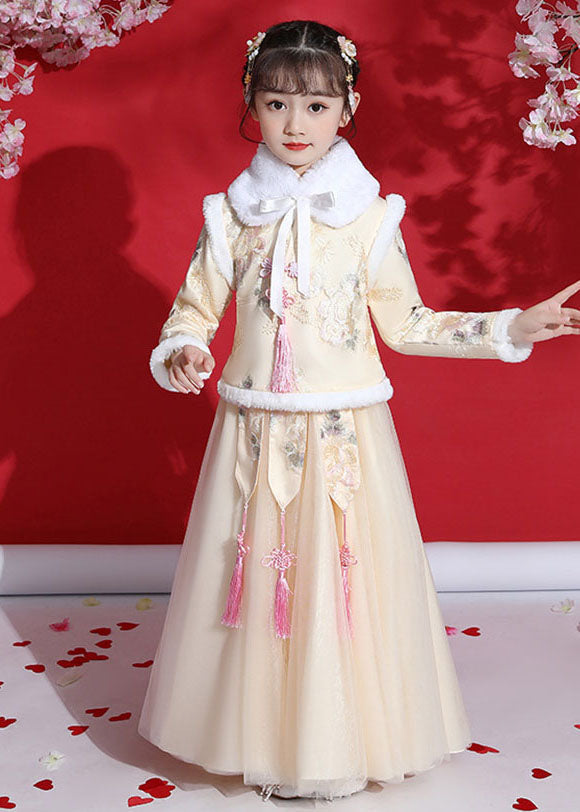 Fine Champagne Peter Pan Collar Warm Fleece Tassel Kids Coats And Tulle Skirts Two Pieces Set Long Sleeve