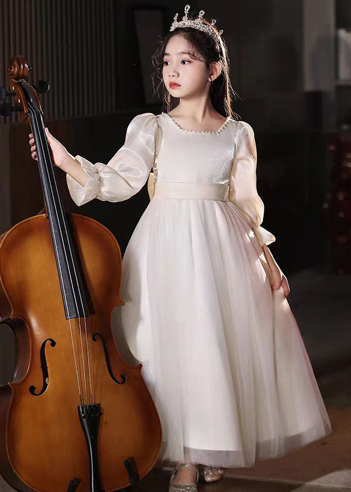 Fine Champagne Square Collar Nail Bead Tulle Kids Long Dress Puff Sleeve