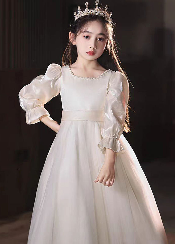 Fine Champagne Square Collar Nail Bead Tulle Kids Long Dress Puff Sleeve