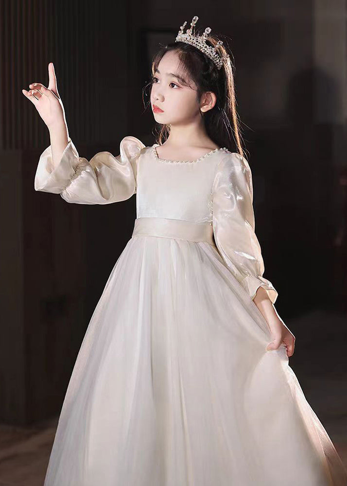 Fine Champagne Square Collar Nail Bead Tulle Kids Long Dress Puff Sleeve