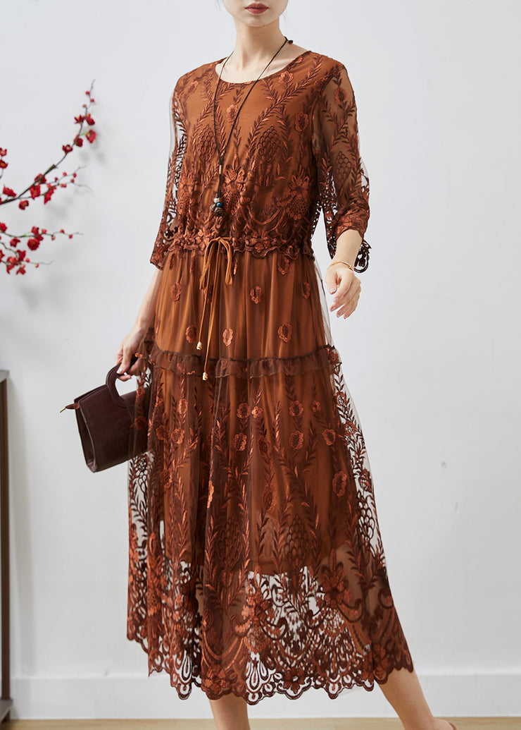 Fine Chocolate Embroidered Cinched Tulle Holiday Dress Summer