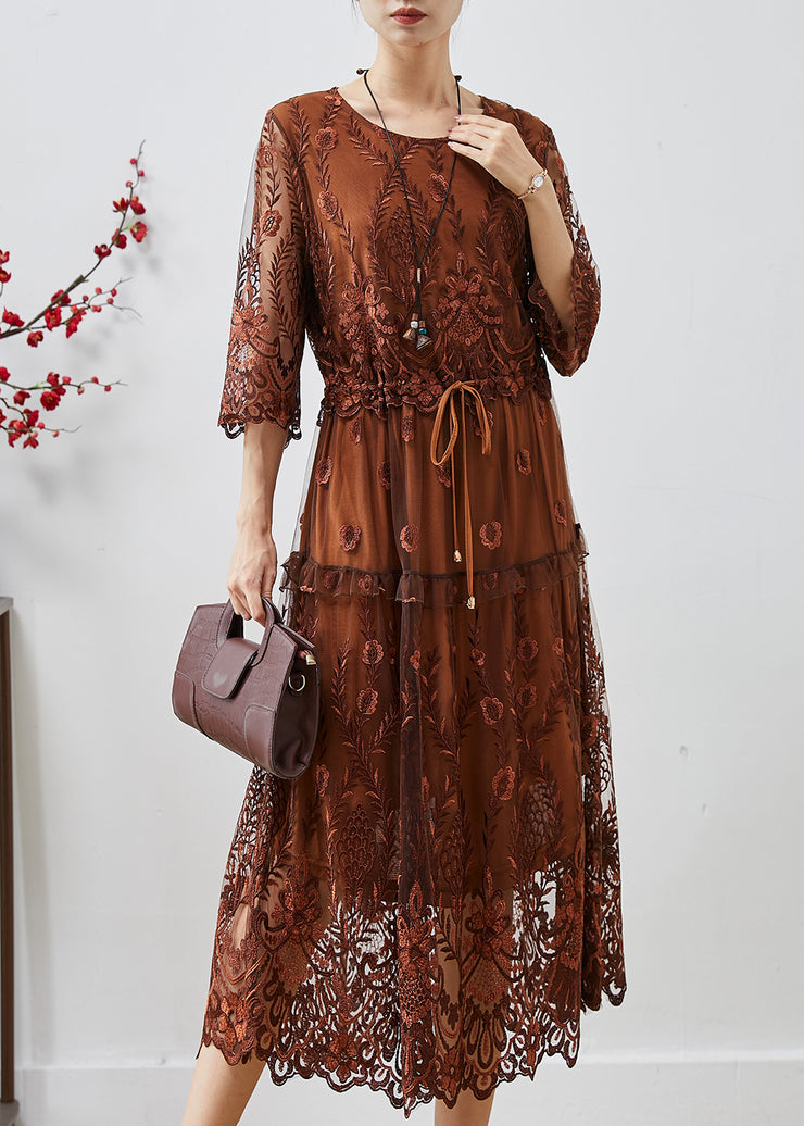 Fine Chocolate Embroidered Cinched Tulle Holiday Dress Summer