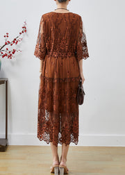 Fine Chocolate Embroidered Cinched Tulle Holiday Dress Summer