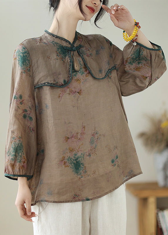 Fine Chocolate Embroideried Print Chinese Button Linen Top Summer