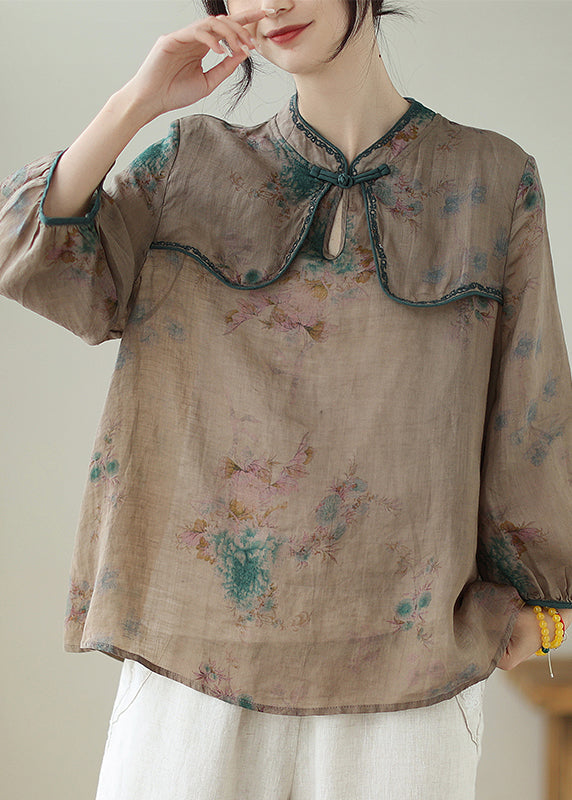 Fine Chocolate Embroidered Print Chinese Button Linen Top Summer