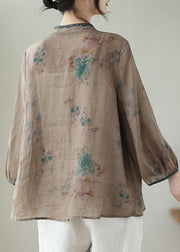 Fine Chocolate Embroidered Print Chinese Button Linen Top Summer