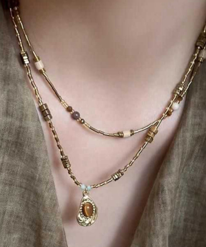 Fine Coffee Copper Crystal Tiger Eye Stone Pendant Necklace Two Piece Set