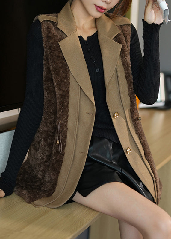 Fine Chocolate Notched Patchwork Button Faux Fur Waistcoat Fall