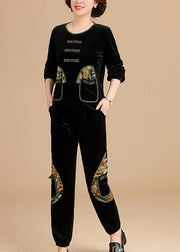 Fine Coffee O-Neck Patchwork Silk Velour Top And Beam Pants Two Pieces Set Long Sleeve