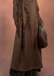 Fine Coffee O-Neck Ruffled Patchwork Pockets Woolen Long Coats Winter