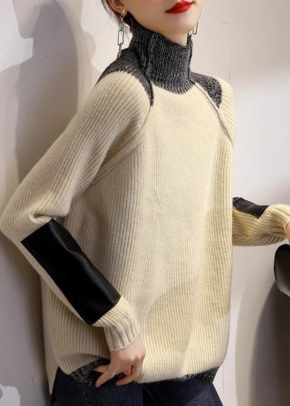 Fine Coffee Turtleneck Patchwork Thick Cotton Knit Sweater Tops Winter